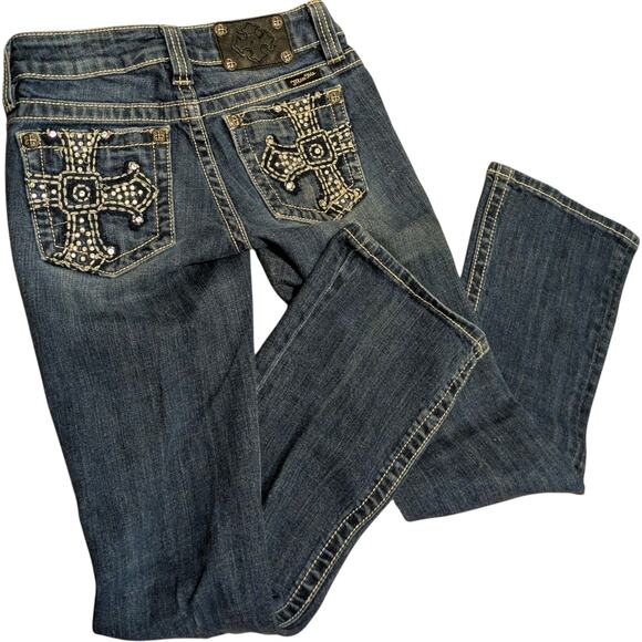 MISS ME Bootcut Blue Jeans Rhinestone Cross Pockets Women's Size 26 Y2K Bling - Picture 1 of 11